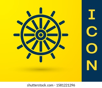 Blue Ship steering wheel icon isolated on yellow background.  Vector Illustration