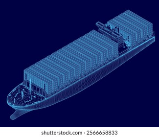 Blue ship with a blue stripe on the side. The ship is large and has many containers on it