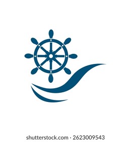 Blue ship wheel and wave.