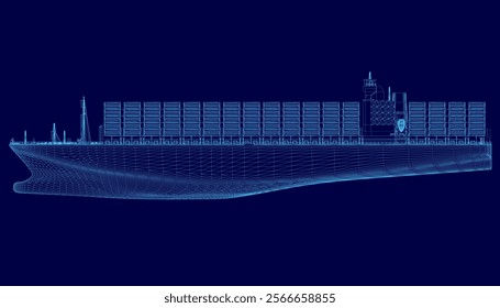 Blue ship wireframe. The ship is large and has many containers on it