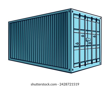 A blue shipping container with metal bars on its side, standing against a concrete background. The container appears to be locked securely with the bars for added security.