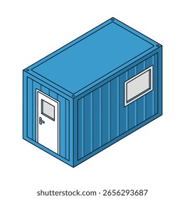 Un contenedor de envío azul con una puerta y una ventana blancas, representado en una perspectiva isométrica.