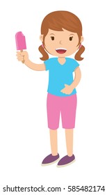 Blue shirt girl happy eating ice cream