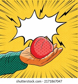 Blue shirt hand Holding and giving Red Apple with copy space style Vintage Pop Art