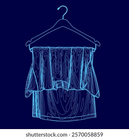 Blue shirt hanging on a clothes hanger. The shirt is blue and has a pattern. The hanger is blue