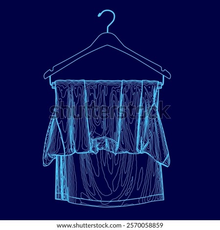 Blue shirt hanging on a clothes hanger. The shirt is blue and has a pattern. The hanger is blue