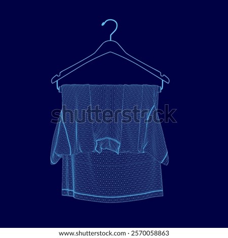 Blue shirt is hanging on a clothes hanger. The shirt is a blue striped shirt