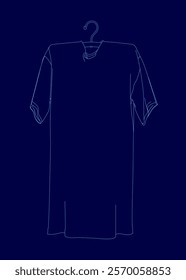 Blue shirt is hanging on a clothesline. The shirt is long and has a flowy, elegant design. The image is in blue, giving it a classic and timeless feel