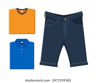 Blue shirt, orange t-shirt, jeans shorts. Men summer clothes. Vector illustration in flat style