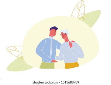 Blue Shirtless Man Embraces Elderly Woman in Glasses. Vector Illustration. Family Meetings. Meeting with Parents. Care Intimate Person. Family Spends Time Together. Son Hugs Elderly Mother.