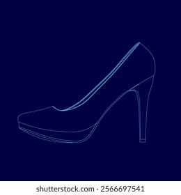 Blue shoe with a high heel and a pointed toe. The shoe is drawn in a contour style