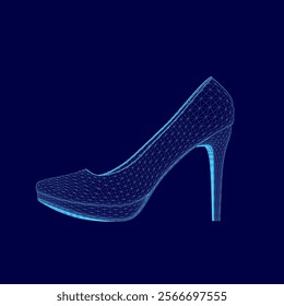 Blue shoe with a high heel and a pointed toe. The shoe is shown in a 3D