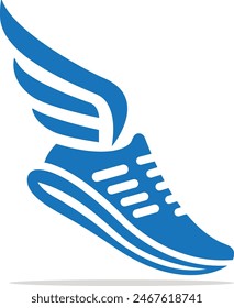 a blue shoe with wing logo