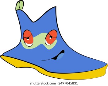 Blue shoe with a yellow sole and quirky red eyes, smiling. Suitable for designs related to fashion, shoes, accessories, and creativity.