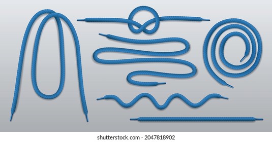 Blue shoelaces straight curly coiled wavy loop lashing realistic set with simple knot grey background vector illustration