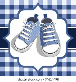 Blue shoes on a checkered background, blue childrens or young adult shoes, pair kids sneaker.