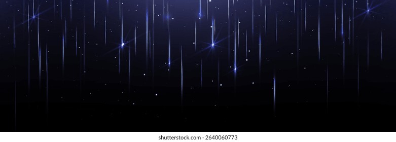 Blue shooting star shower with falling light streaks across dark night sky. Cosmic meteor rain effect with bright celestial trails and glowing particles. Space bg for astronomy or magical design.