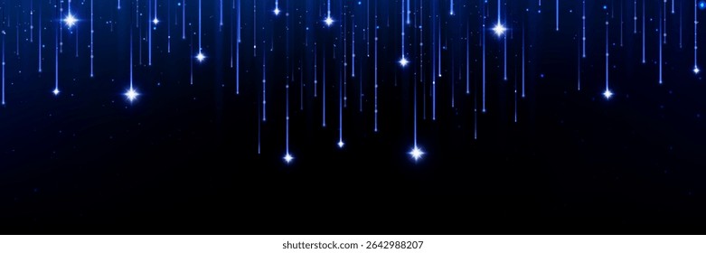 Blue shooting star shower with falling light streaks across dark night sky. Cosmic meteor rain effect with bright celestial trails and glowing particles. Space bg for astronomy or magical design.