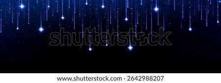 Blue shooting star shower with falling light streaks across dark night sky. Cosmic meteor rain effect with bright celestial trails and glowing particles. Space bg for astronomy or magical design.