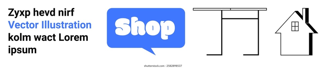 A blue Shop icon in a dialog box featuring a minimalist building structure and a house outline with text elements. Ideal for online shopping site building construction architecture home purchasing