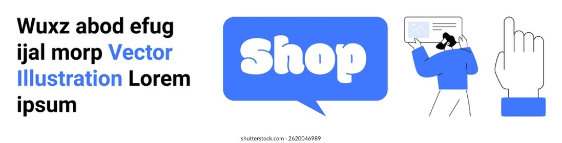 Blue shop icon with a person holding a tablet and a hand pointing up. Ideal for e-commerce, digital marketing, online stores, tech tutorials, and customer support. Banner for landing page