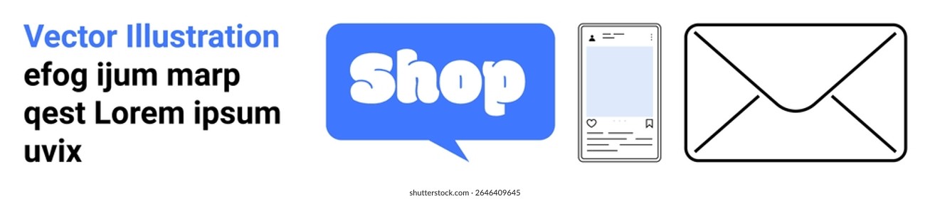 Blue Shop label in speech bubble, smartphone icon, and envelope representing online shopping, mobile usage, and email communication. Ideal for e-commerce, mobile apps, digital marketing, email