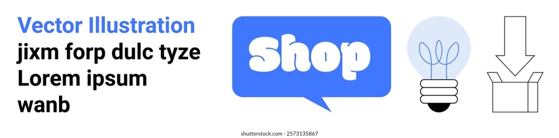 Blue shop sign, lightbulb, and download arrow. Ideal for e-commerce, online stores, technology, digital products, marketing. Banner for landing page