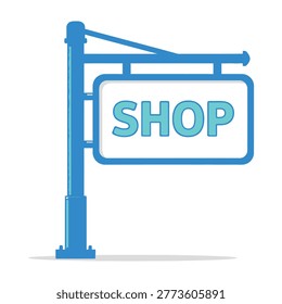A blue shop sign on a pole against a white background, perfect for business and retail concepts, illustrating a store or shop