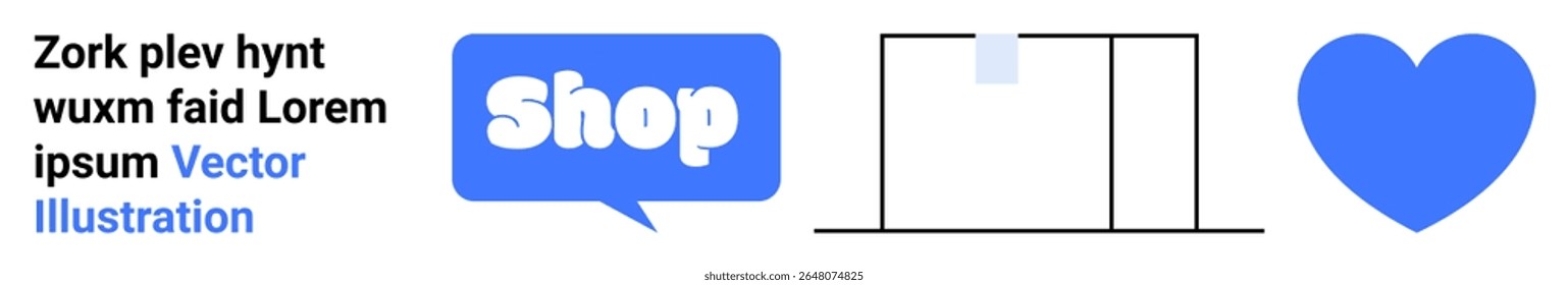 Blue shop speech bubble icon, text, cart graphic, and heart symbol. Ideal for e-commerce, shopping, retail, online stores, and customer loyalty. Banner for landing page
