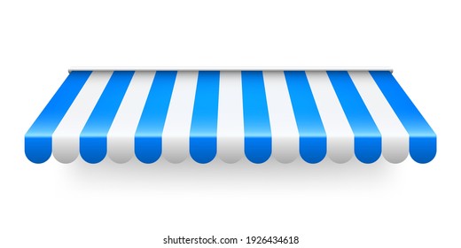 Blue shop sunshade isolated on white background. Realistic striped cafe awning. Outdoor market tent. Roof canopy. Summer street store. Vector illustration.