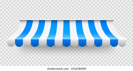 Blue shop sunshade on transparent background. Realistic striped cafe awning. Outdoor market tent. Roof canopy. Summer street store. Vector illustration.