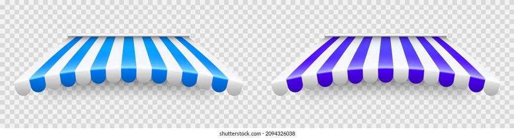 Blue shop sunshade on transparent background. Realistic striped cafe awning. Outdoor market tent. Roof canopy. Summer street store. Vector illustration.