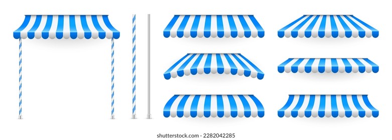 Blue shop sunshade with stand holders. Realistic striped cafe awning. Outdoor market tent. Roof canopy. Summer street store. Vector illustration