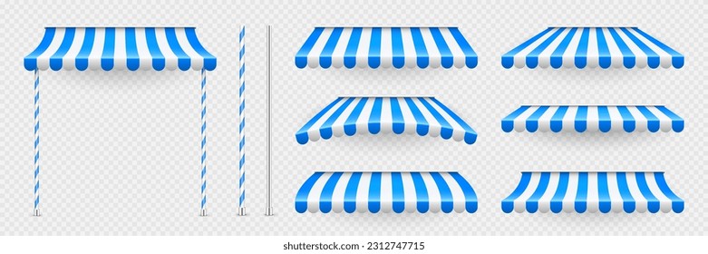 Blue shop sunshade with stand holders. Realistic striped cafe awning. Outdoor market tent. Roof canopy. Summer street store. Vector illustration