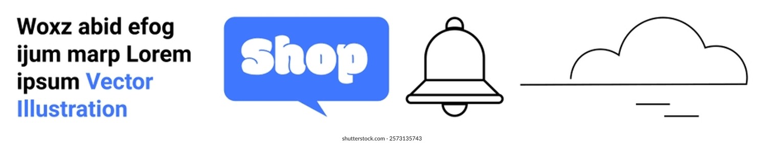 Blue Shop text in speech bubble, notification bell, and cloud icon with sample text. Ideal for online shopping, e-commerce, notifications, cloud services, and landing pages. Banner for landing page