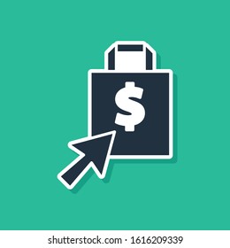 Blue Shoping bag and dollar icon isolated on green background. Handbag sign. Woman bag icon. Female handbag sign.  Vector Illustration