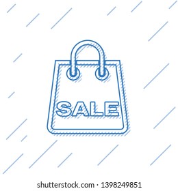 Blue Shoping bag with an inscription Sale line icon isolated on white background. Handbag sign. Woman bag icon. Female handbag sign. Vector Illustration