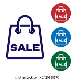 Blue Shoping bag with an inscription Sale icon isolated on white background. Handbag sign. Woman bag icon. Female handbag sign. Set color icon in circle buttons. Vector Illustration