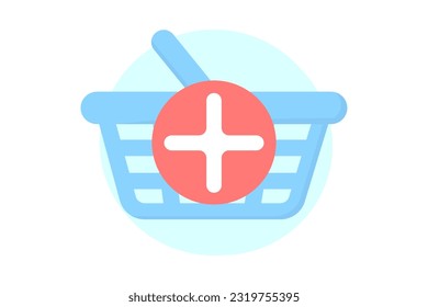 Blue shopping backet with red plus. Shopping flat style icons in red and blue colors