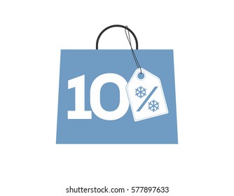 Blue shopping bag with 10% text and a snowflake percent design price tag label on it isolated on white background. For winter sale campaigns.