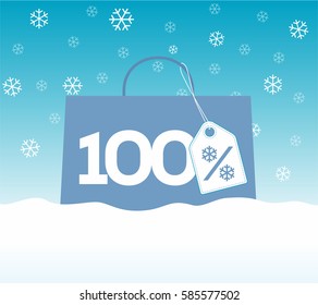 Blue shopping bag with 100% text and a snowflake percent design price tag label on it on snow background. For winter sale campaigns.