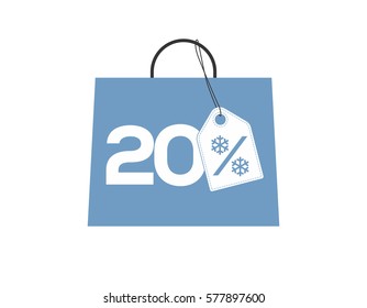 Blue shopping bag with 20% text and a snowflake percent design price tag label on it isolated on white background. For winter sale campaigns.