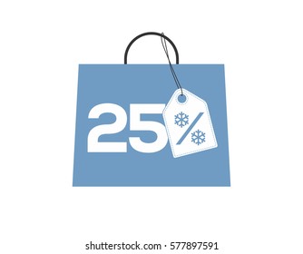 Blue shopping bag with 25% text and a snowflake percent design price tag label on it isolated on white background. For winter sale campaigns.