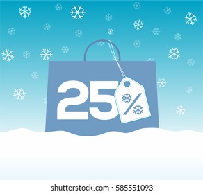 Blue shopping bag with 25% text and a snowflake percent design price tag label on it on snow background. For winter sale campaigns.