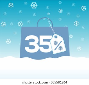 Blue shopping bag with 35% text and a snowflake percent design price tag label on it on snow background. For winter sale campaigns.