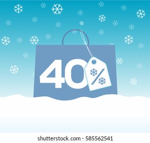 Blue shopping bag with 40% text and a snowflake percent design price tag label on it on snow background. For winter sale campaigns.