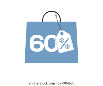Blue shopping bag with 60% text and a snowflake percent design price tag label on it isolated on white background. For winter sale campaigns.
