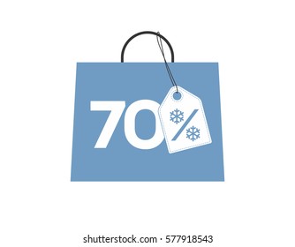 Blue shopping bag with 70% text and a snowflake percent design price tag label on it isolated on white background. For winter sale campaigns.