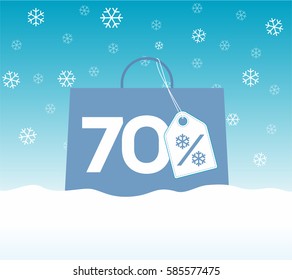 Blue shopping bag with 70% text and a snowflake percent design price tag label on it on snow background. For winter sale campaigns.