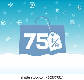 Blue shopping bag with 75% text and a snowflake percent design price tag label on it on snow background. For winter sale campaigns.